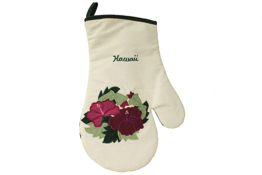 Quilted Oven Mitt Single -  Burgundy Hibiscus