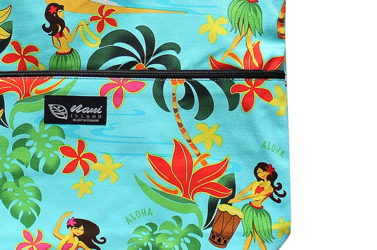 Tote Bag Zipper L - Hawaiian Hula Girl Turq