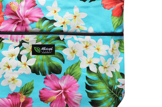 Tote Bag Zipper L - Luxury Hibiscus Turq