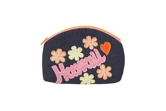Quilted Cosmetic Pouch Large - Navy/Orange