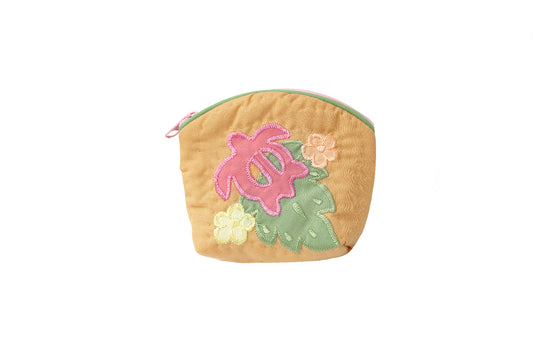 Quilted Coin Pouch - Tan/Pink