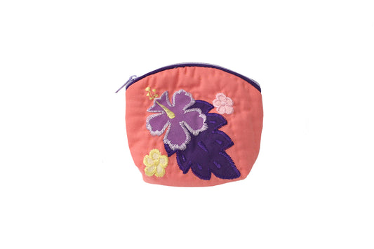 Quilted Coin Pouch - Coral/Purple