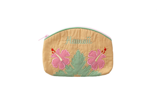 Quilted Cosmetic Pouch Small - Tan/Pink